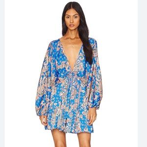 NWT Free People Printed Arzel Draped-Sleeve Mini Dress